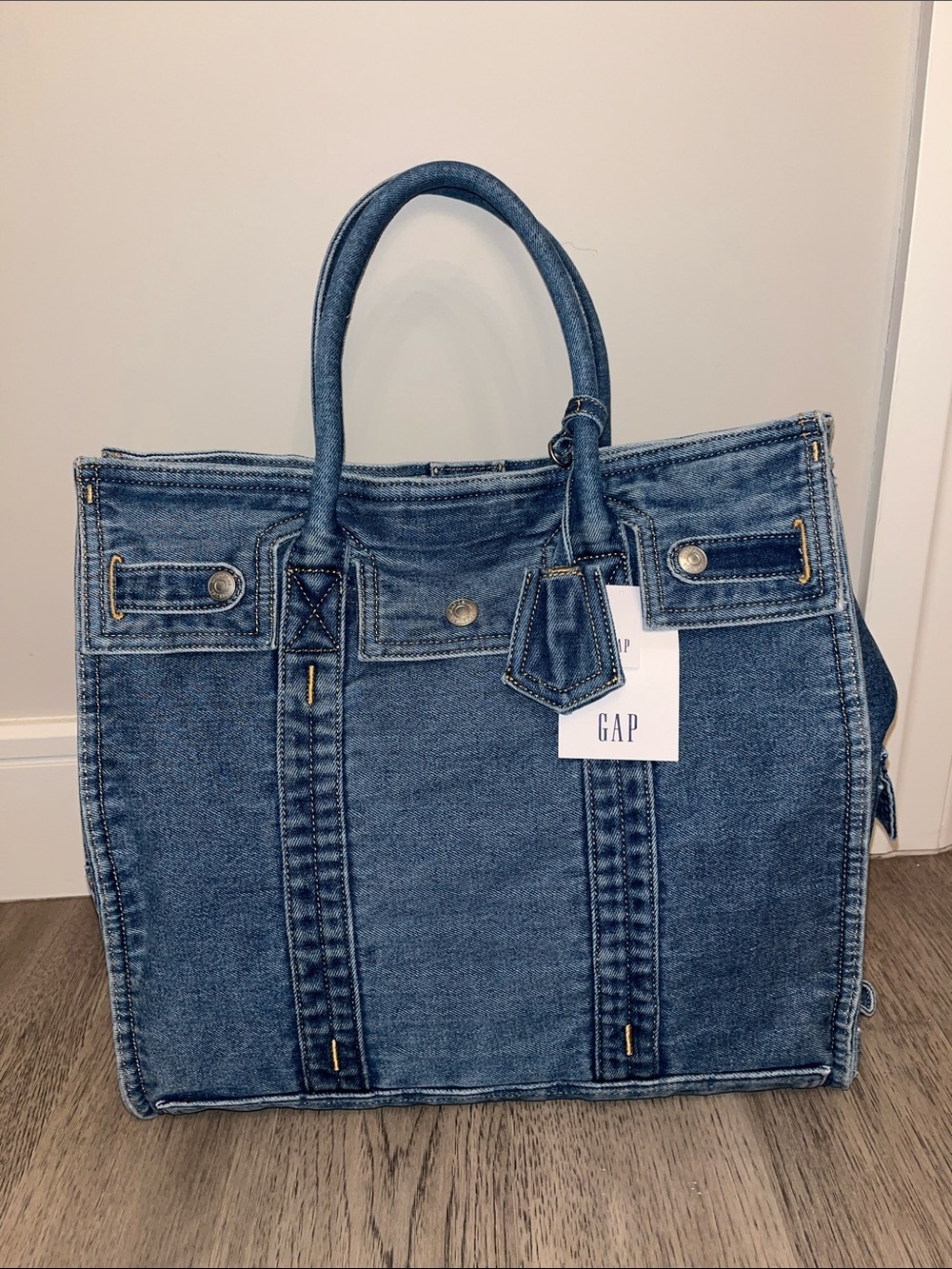 GAP large denim five pocket tote bag. Medium wash. New with tags.